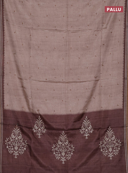 Art tussar saree beige and brown with embroidery buttas and temple design thread woven border