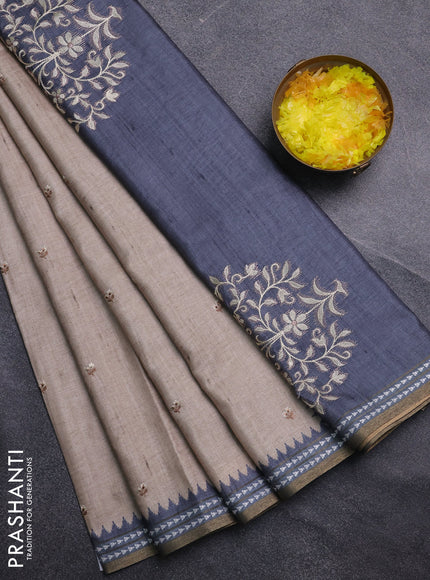 Art tussar saree beige and grey with embroidery buttas and temple design thread woven border