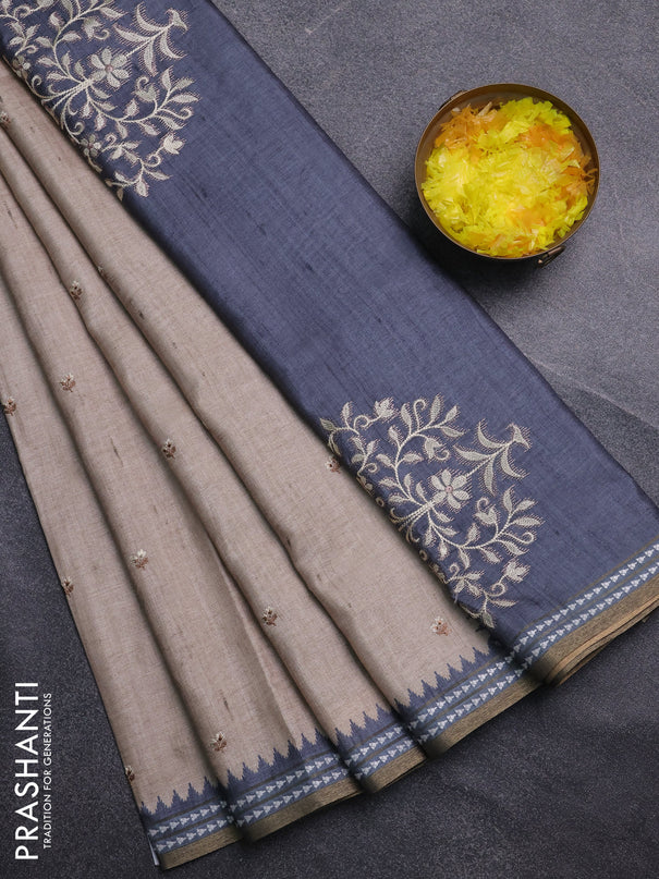 Art tussar saree beige and grey with embroidery buttas and temple design thread woven border