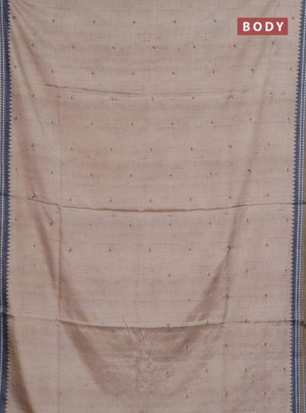 Art tussar saree beige and grey with embroidery buttas and temple design thread woven border