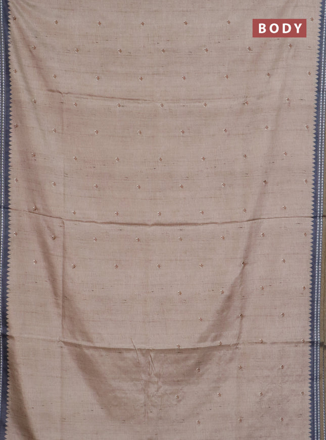 Art tussar saree beige and grey with embroidery buttas and temple design thread woven border