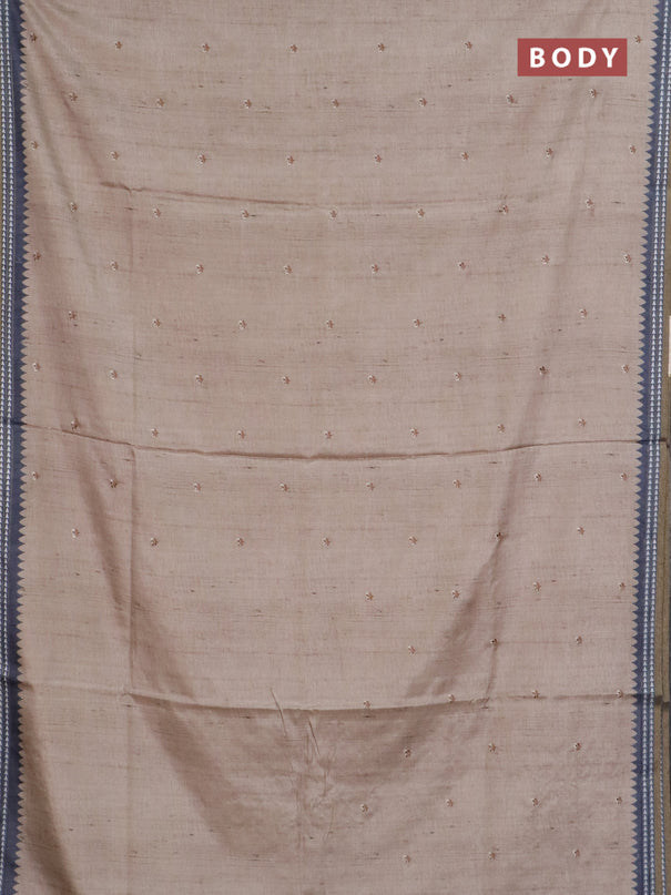 Art tussar saree beige and grey with embroidery buttas and temple design thread woven border