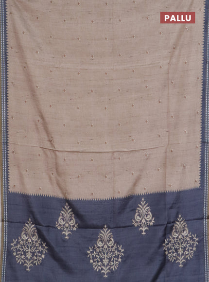 Art tussar saree beige and grey with embroidery buttas and temple design thread woven border