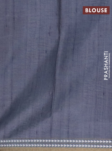 Art tussar saree beige and grey with embroidery buttas and temple design thread woven border