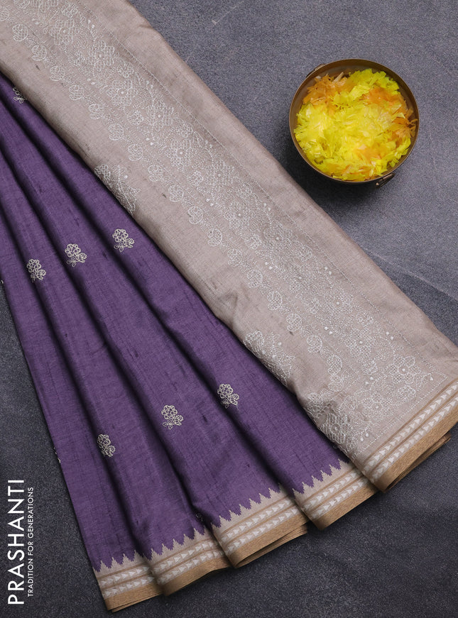 Art tussar saree lavender and beige with embroidery buttas and temple design thread woven border
