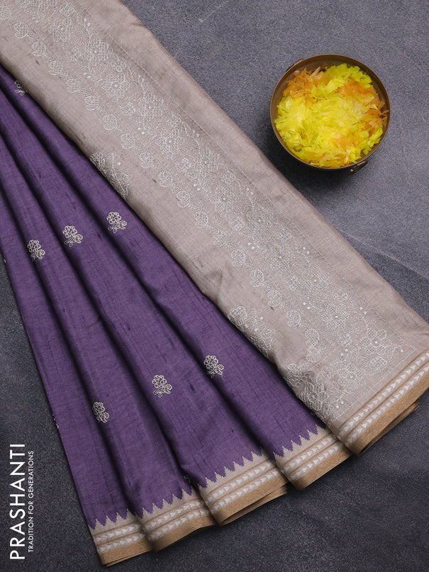 Art tussar saree lavender and beige with embroidery buttas and temple design thread woven border