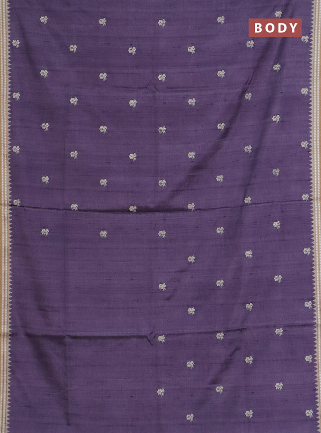 Art tussar saree lavender and beige with embroidery buttas and temple design thread woven border