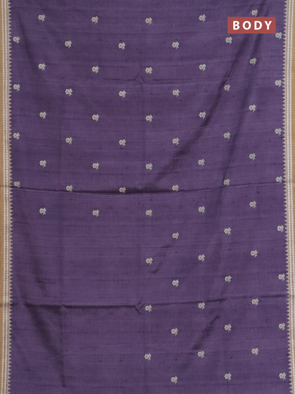Art tussar saree lavender and beige with embroidery buttas and temple design thread woven border