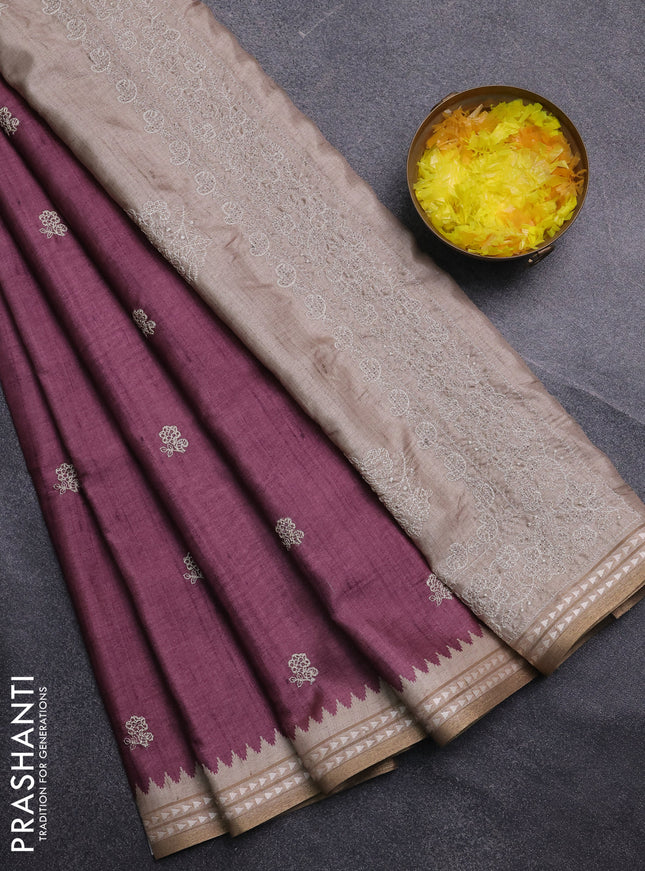 Art tussar saree wine shade and beige with embroidery buttas and temple design thread woven border