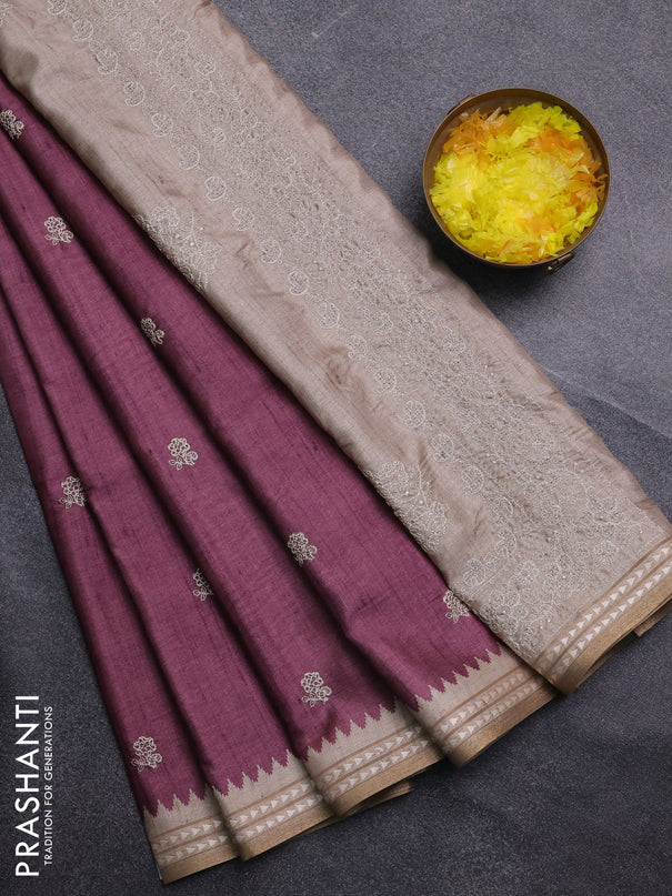 Art tussar saree wine shade and beige with embroidery buttas and temple design thread woven border