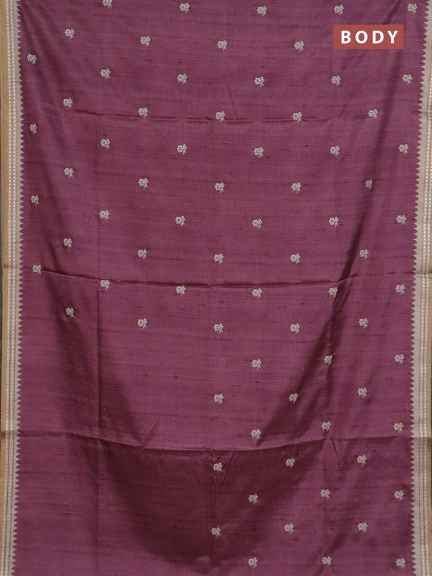 Art tussar saree wine shade and beige with embroidery buttas and temple design thread woven border