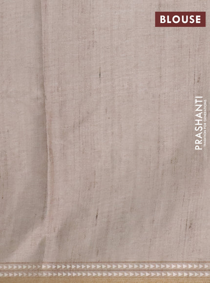Art tussar saree wine shade and beige with embroidery buttas and temple design thread woven border