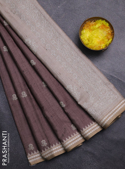 Art tussar saree pastel brown and beige with embroidery buttas and temple design thread woven border