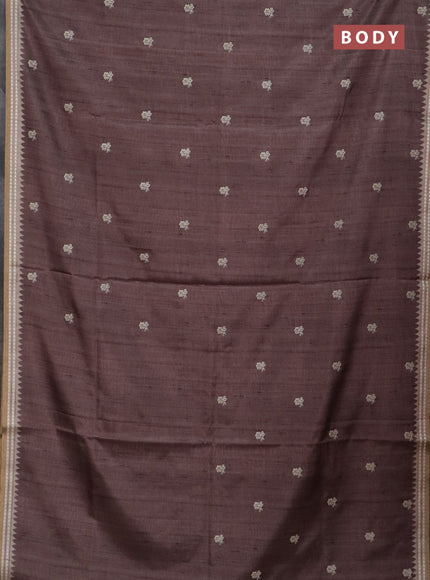 Art tussar saree pastel brown and beige with embroidery buttas and temple design thread woven border