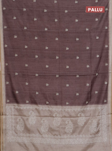 Art tussar saree pastel brown and beige with embroidery buttas and temple design thread woven border