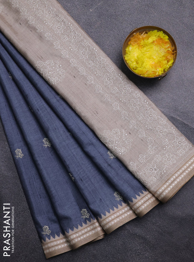 Art tussar saree grey and beige with embroidery buttas and temple design thread woven border