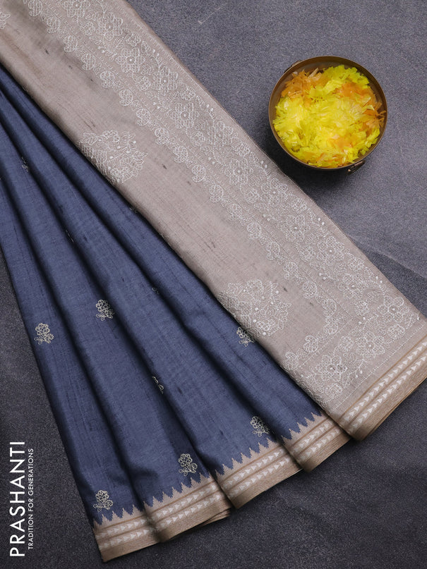 Art tussar saree grey and beige with embroidery buttas and temple design thread woven border