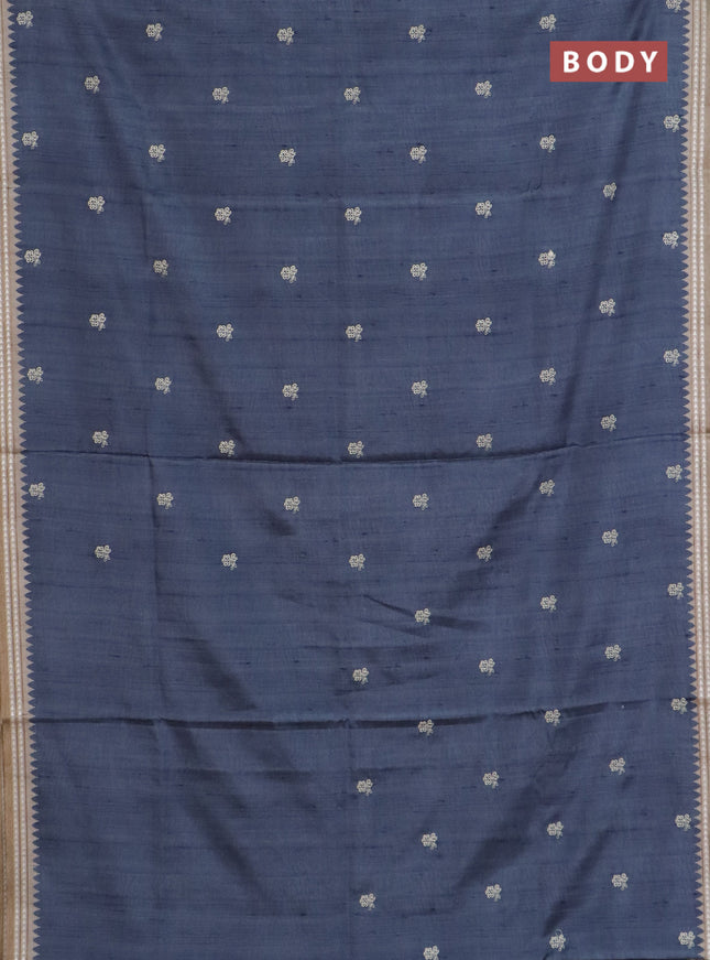 Art tussar saree grey and beige with embroidery buttas and temple design thread woven border