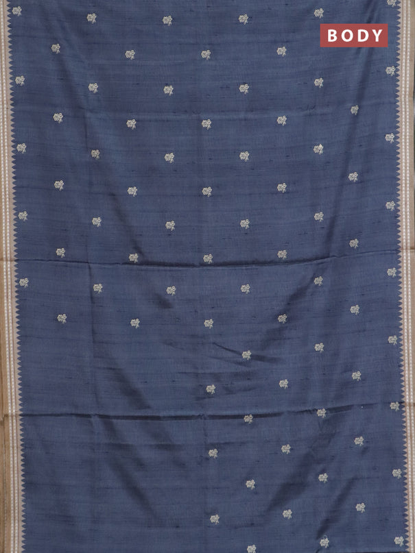 Art tussar saree grey and beige with embroidery buttas and temple design thread woven border