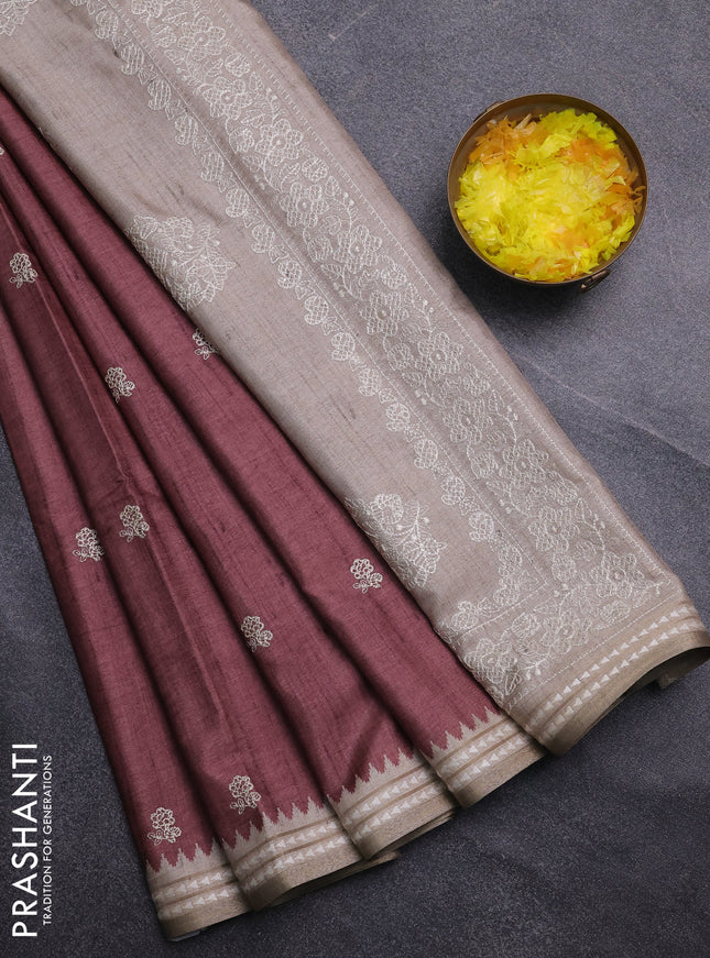 Art tussar saree pastel maroon and beige with embroidery buttas and temple design thread woven border