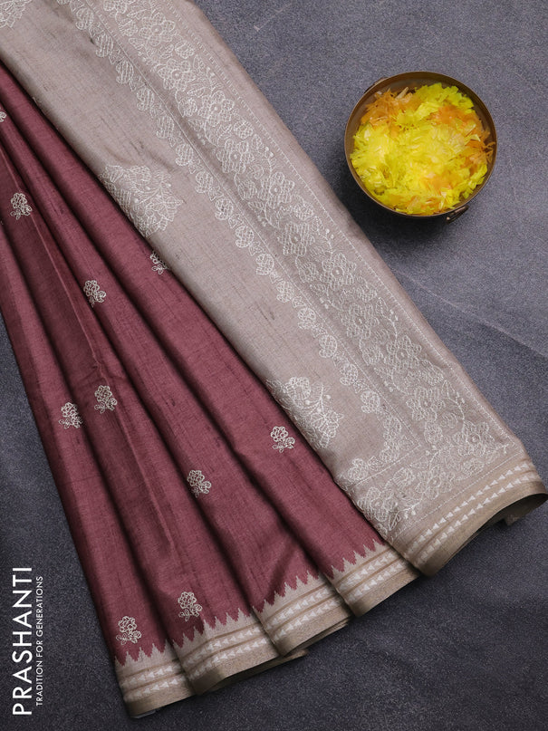 Art tussar saree pastel maroon and beige with embroidery buttas and temple design thread woven border