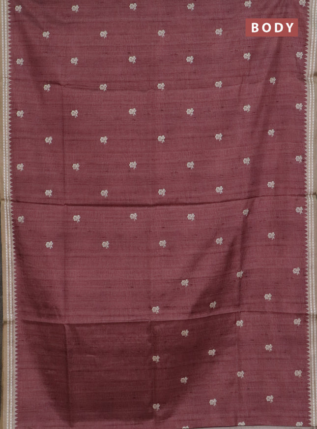 Art tussar saree pastel maroon and beige with embroidery buttas and temple design thread woven border