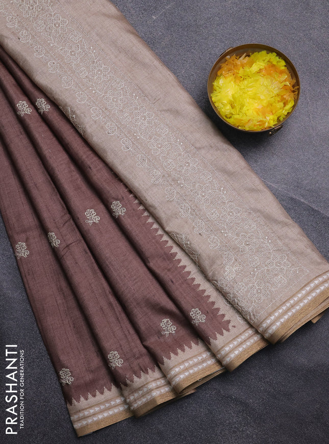 Art tussar saree brown and beige with embroidery buttas and temple design thread woven border