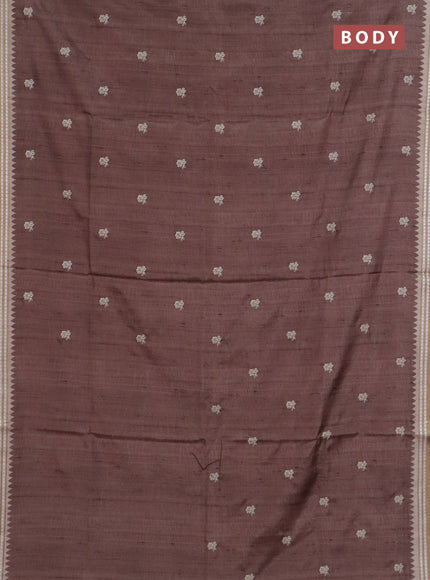 Art tussar saree brown and beige with embroidery buttas and temple design thread woven border