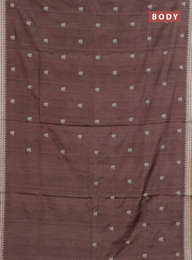 Art tussar saree brown and beige with embroidery buttas and temple design thread woven border