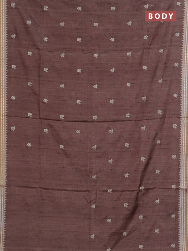 Art tussar saree brown and beige with embroidery buttas and temple design thread woven border