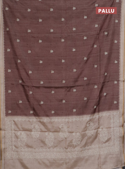 Art tussar saree brown and beige with embroidery buttas and temple design thread woven border