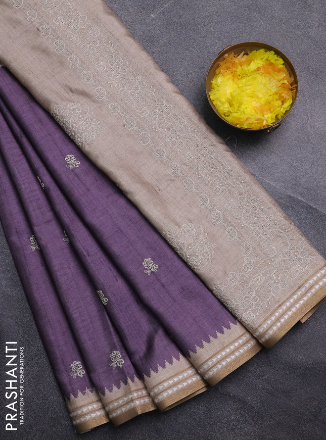 Art tussar saree pastel purple and beige with embroidery buttas and temple design thread woven border