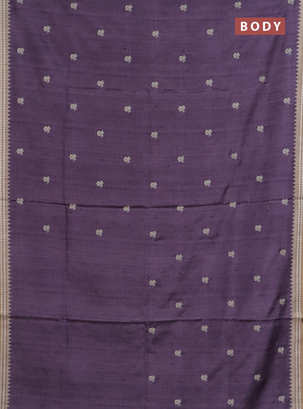 Art tussar saree pastel purple and beige with embroidery buttas and temple design thread woven border