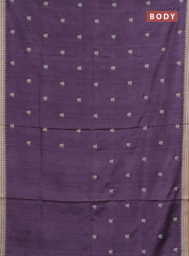 Art tussar saree pastel purple and beige with embroidery buttas and temple design thread woven border
