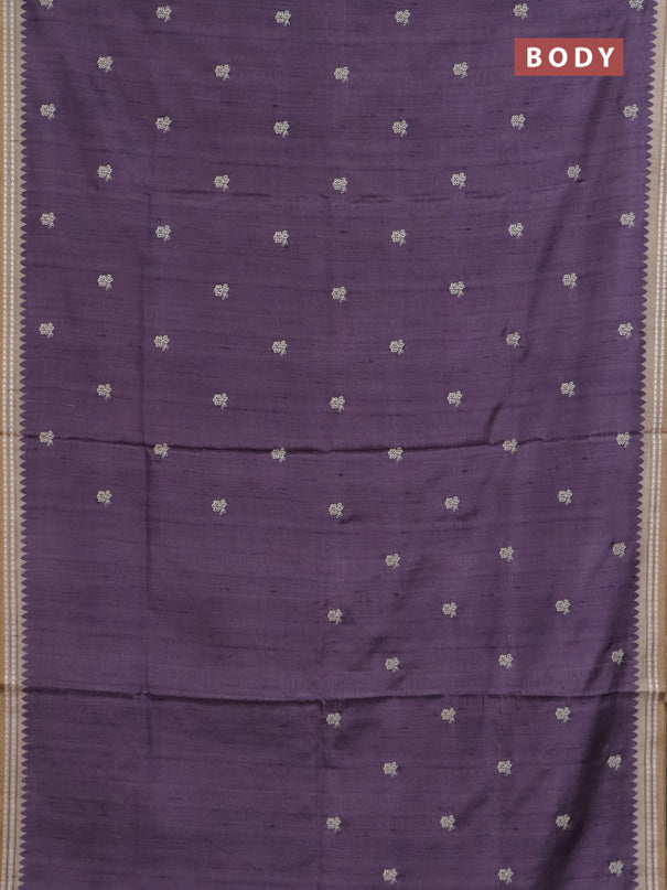 Art tussar saree pastel purple and beige with embroidery buttas and temple design thread woven border