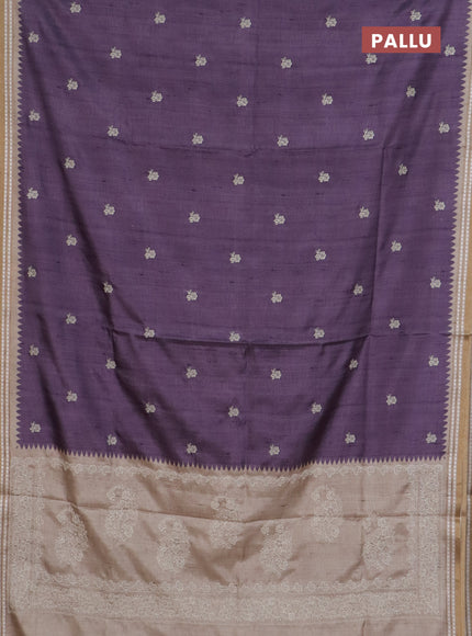 Art tussar saree pastel purple and beige with embroidery buttas and temple design thread woven border