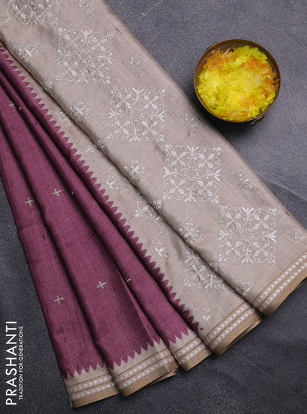 Art tussar saree wine shade and beige with embroidery buttas and temple design thread woven border