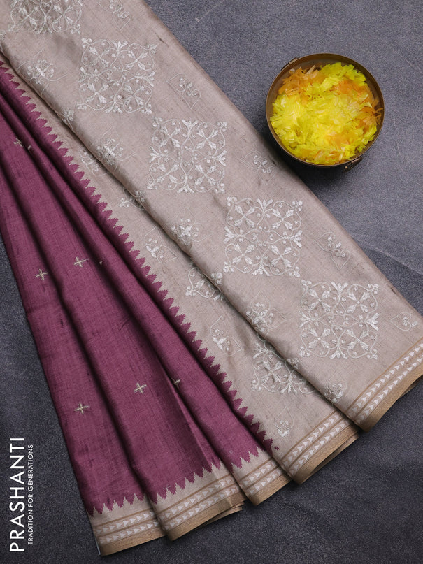 Art tussar saree wine shade and beige with embroidery buttas and temple design thread woven border