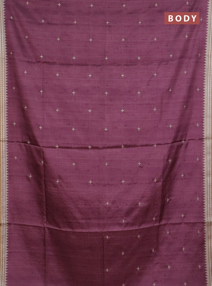 Art tussar saree wine shade and beige with embroidery buttas and temple design thread woven border