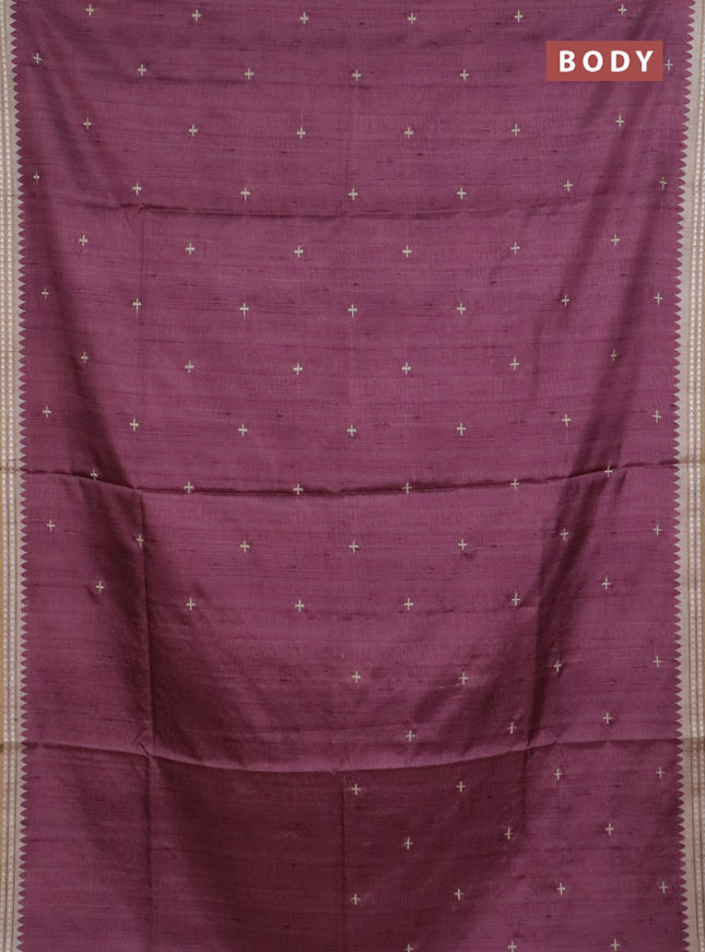 Art tussar saree wine shade and beige with embroidery buttas and temple design thread woven border