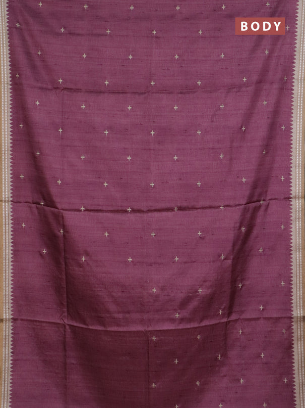 Art tussar saree wine shade and beige with embroidery buttas and temple design thread woven border
