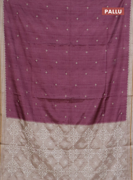 Art tussar saree wine shade and beige with embroidery buttas and temple design thread woven border