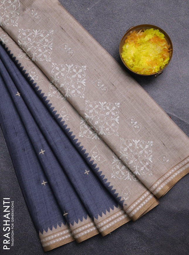 Art tussar saree grey and beige with embroidery buttas and temple design thread woven border