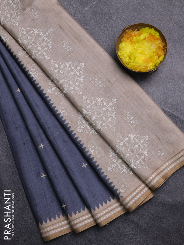 Art tussar saree grey and beige with embroidery buttas and temple design thread woven border