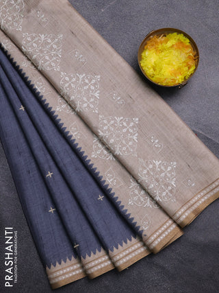 Art tussar saree grey and beige with embroidery buttas and temple design thread woven border