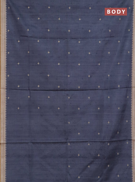 Art tussar saree grey and beige with embroidery buttas and temple design thread woven border