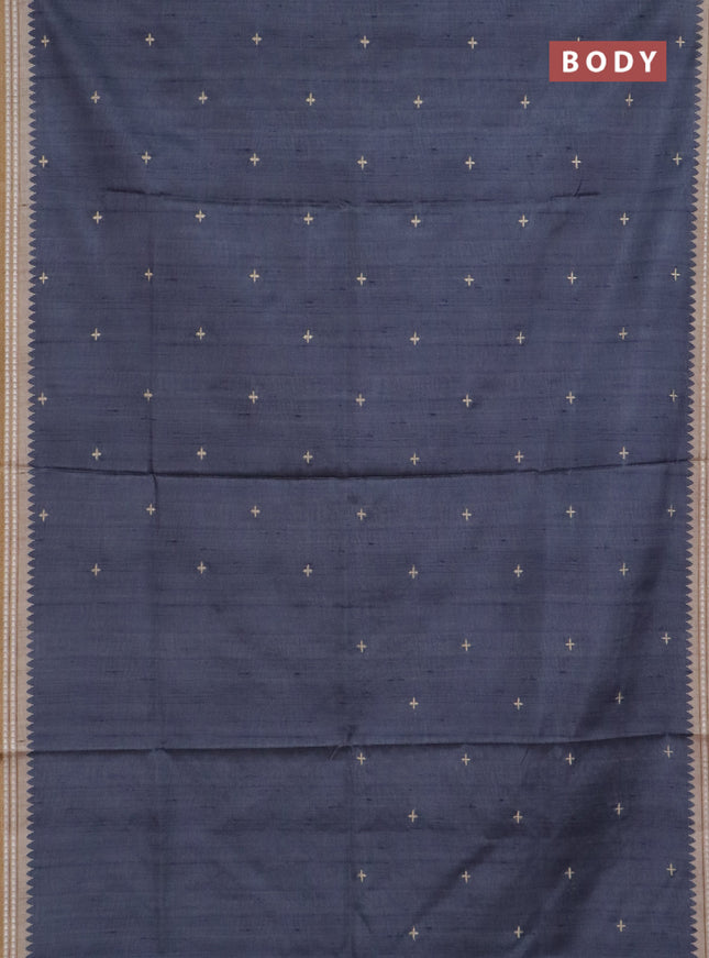Art tussar saree grey and beige with embroidery buttas and temple design thread woven border