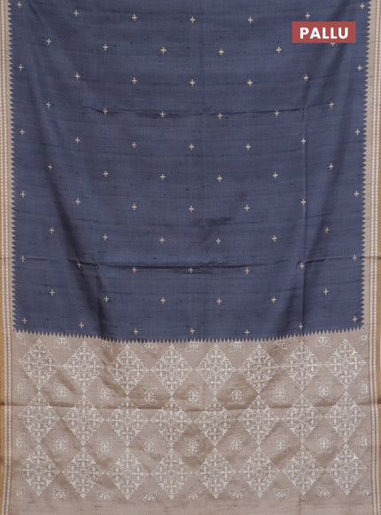 Art tussar saree grey and beige with embroidery buttas and temple design thread woven border
