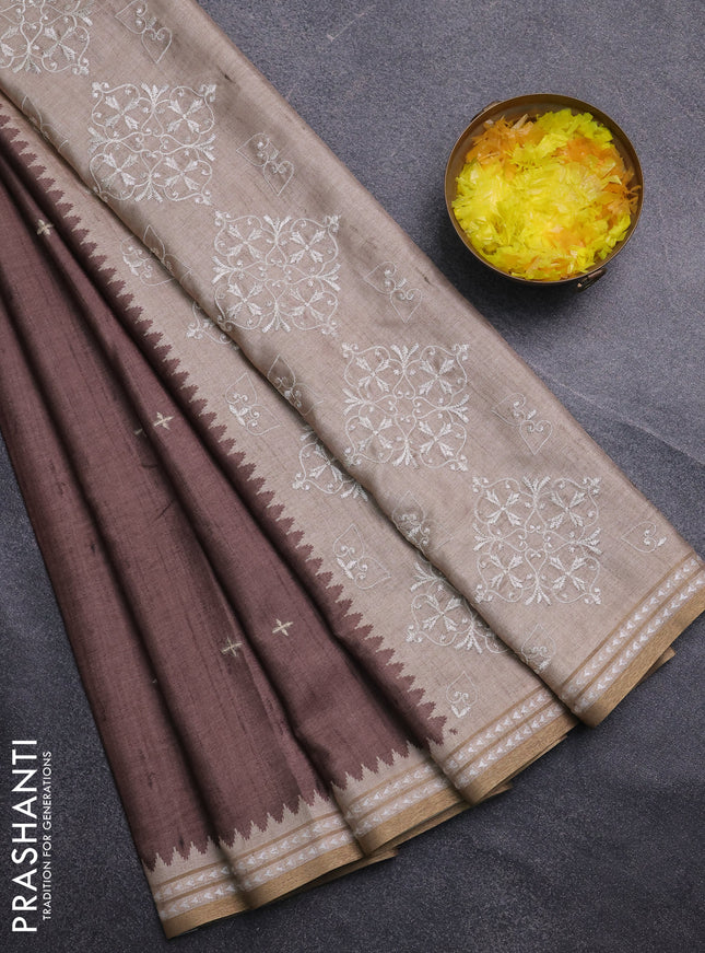 Art tussar saree brown and beige with embroidery buttas and temple design thread woven border