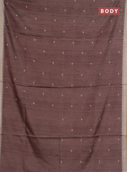 Art tussar saree brown and beige with embroidery buttas and temple design thread woven border
